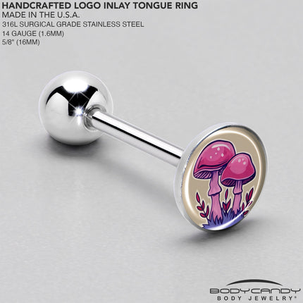 Artist Drawn Pink Mushrooms Barbell Tongue Ring by Onyx O