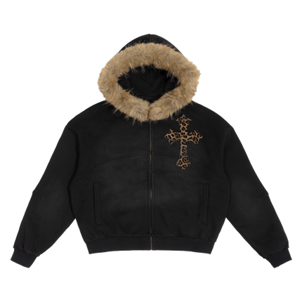 Black Sun Fade Boxy Hoodie With Detachable Fur Hood Cotton 360 GSM DTG Print