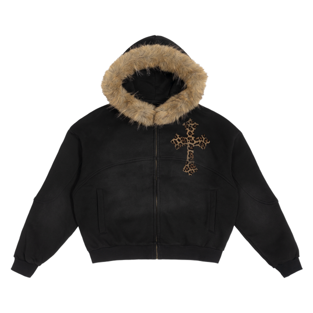 Black Sun Fade Boxy Hoodie With Detachable Fur Hood Cotton 360 GSM DTG Print