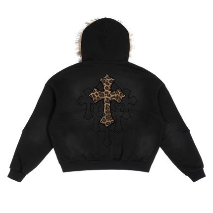 Black Sun Fade Boxy Hoodie With Detachable Fur Hood Cotton 360 GSM DTG Print