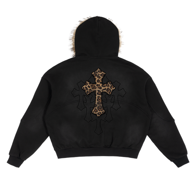 Black Sun Fade Boxy Hoodie With Detachable Fur Hood Cotton 360 GSM DTG Print