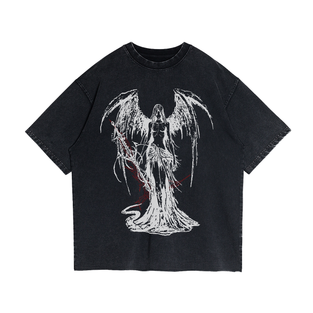 Fallen Angel Garment Dyed Streetwear Tee 260GSM Black Cotton With Faded Raw Hem