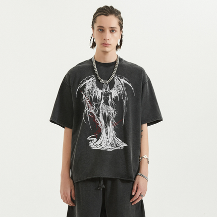 Fallen Angel Garment Dyed Streetwear Tee 260GSM Black Cotton With Faded Raw Hem