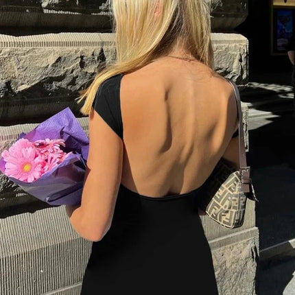 Elegant Short Sleeve Bodycon Maxi Dress O-neck Backless Lady Dresses