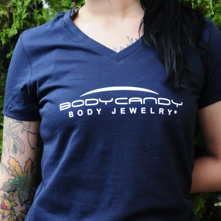 Body Candy Logo Tapered Blue V-Neck Tee Shirt 100% Cotton
