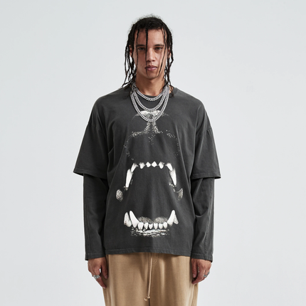 Dog Bite Streetwear Faux Layered Long Sleeve Tee In Faded Dark Grey 230 GSM Durable True To Size