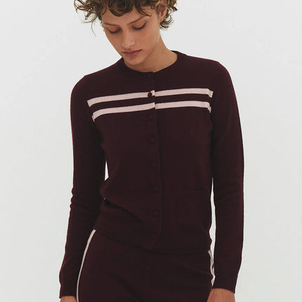 CASHMERE WOOL STRIPE CARDIGAN IN RASPBERRY CREAM