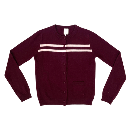 CASHMERE WOOL STRIPE CARDIGAN IN RASPBERRY CREAM