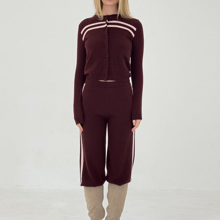 CASHMERE WOOL STRIPE CARDIGAN IN RASPBERRY CREAM