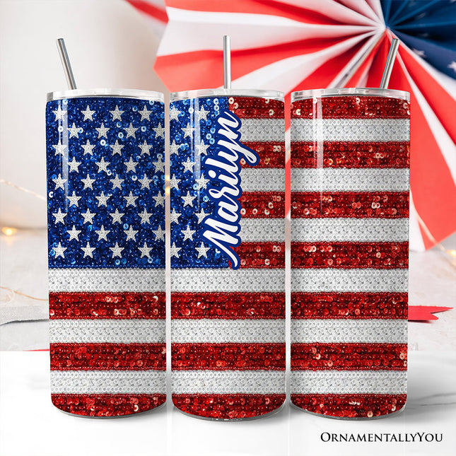 American Flag Sequin Print 20oz Personalized Tumbler With Lid and Stainless Steel Straw, Patriotic USA Stars and Stripes Gift Cup