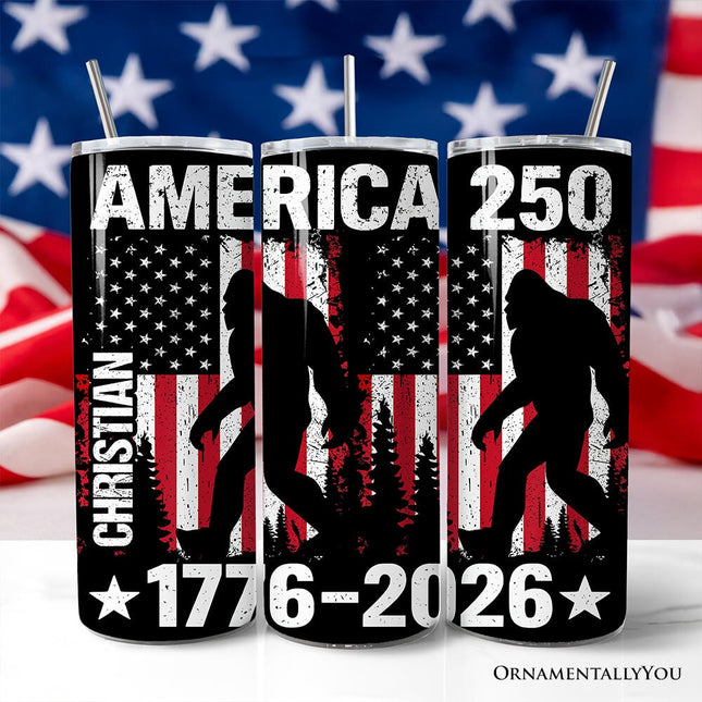 Bigfoot American Flag 20oz Personalized Tumbler With Lid and Stainless Steel Straw, Patriotic Sasquatch Gift Cup