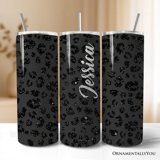 Black Glitter Leopard Print 20oz Personalized Tumbler With Lid and Stainless Steel Straw, Bold Animal Pattern Gift Cup