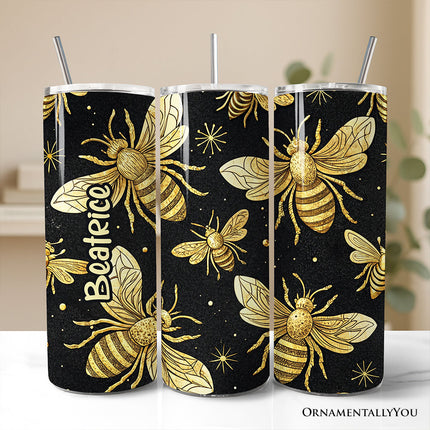 Black and Gold Bee Pattern 20oz Personalized Tumbler With Lid and Stainless Steel Straw, Elegant Apiarist Gift Cup