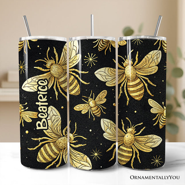 Black and Gold Bee Pattern 20oz Personalized Tumbler With Lid and Stainless Steel Straw, Elegant Apiarist Gift Cup