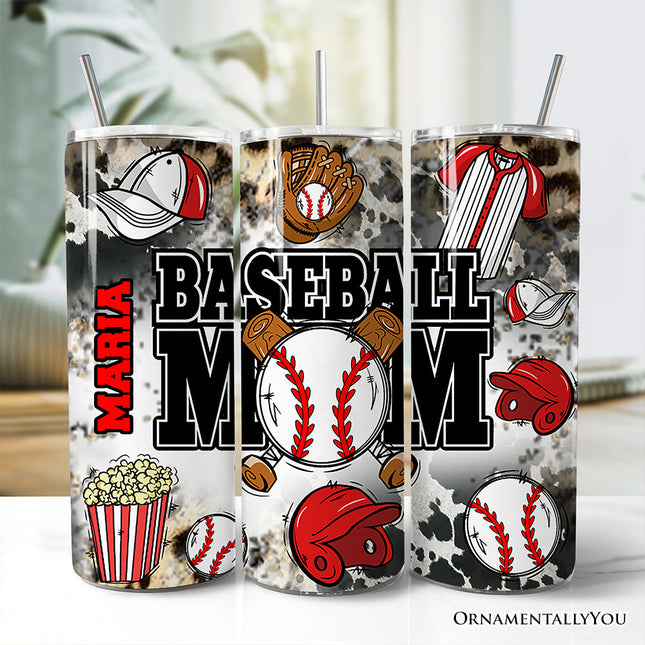 Black and Red Baseball Mom Pattern 20oz Personalized Tumbler With Lid and Stainless Steel Straw, Proud Sports Mothers Gift Cup