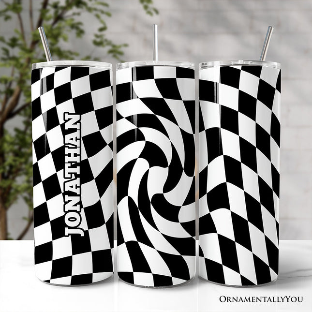 Black and White Checkerboard Swirl 20oz Personalized Tumbler With Lid and Stainless Steel Straw, Retro Optical Illusion Gift Cup