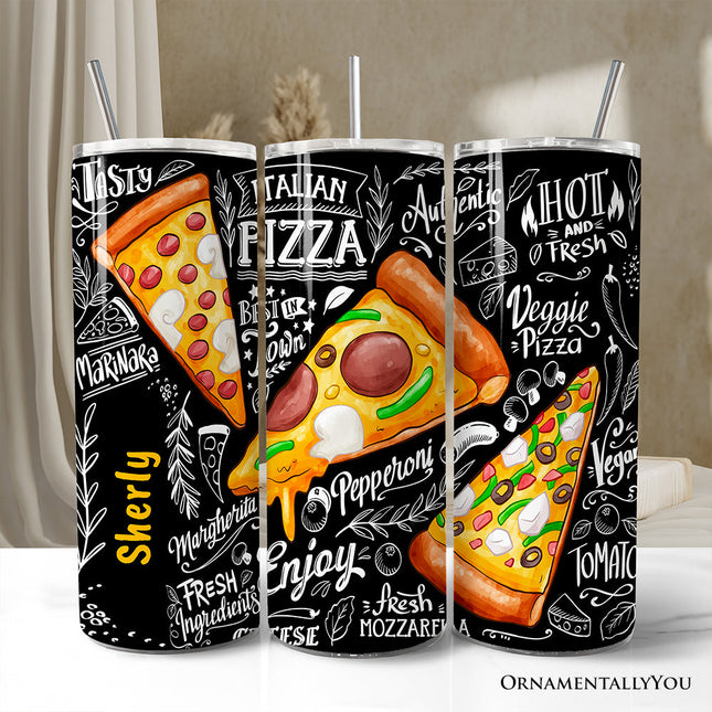 Classic Pizza Slice Doodle 20oz Personalized Tumbler With Lid and Stainless Steel Straw, Italian Pizzeria Chalk Art Gift Cup