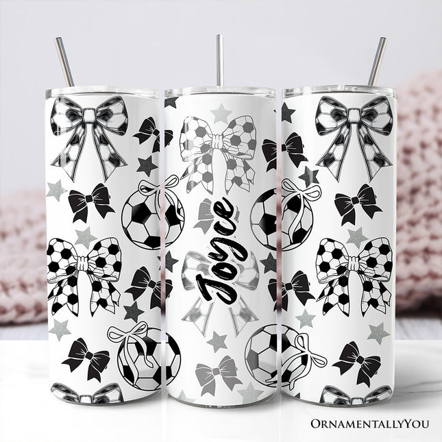 Coquette Black and White Soccer Bow 20oz Personalized Tumbler With Lid and Stainless Steel Straw, Sporty Girls Pattern Gift Cup