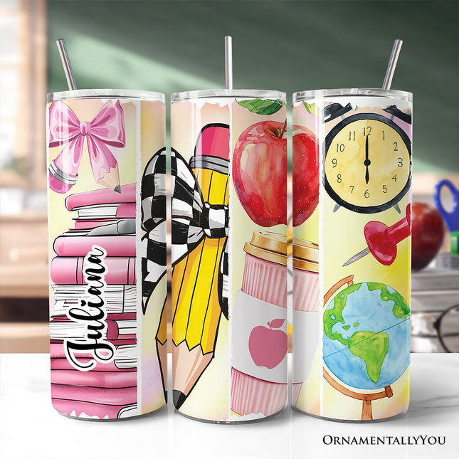 Coquette Pink Teacher 20oz Personalized Tumbler With Lid and Stainless Steel Straw, Retro School Brushstrokes Gift Cup