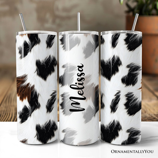 Cowhide Fur Pattern 20oz Personalized Tumbler With Lid and Stainless Steel Straw, Rustic Farmhouse Gift Cup