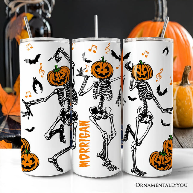 Dancing Skeletons with Pumpkin Head 20oz Personalized Tumbler With Lid and Stainless Steel Straw, Funny Dry Bones Come Alive Halloween Gift Cup