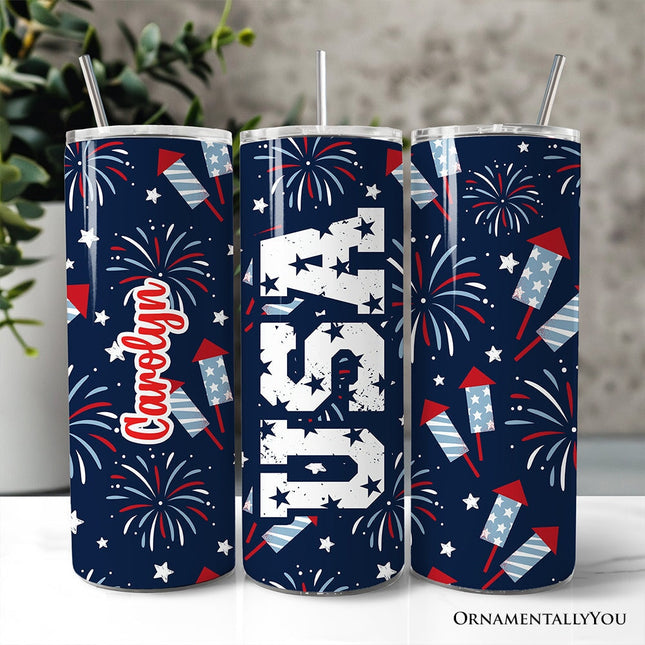 Fireworks USA Block Letters 20oz Personalized Tumbler With Lid and Stainless Steel Straw, Vintage July 4th Patriotic Gift Cup