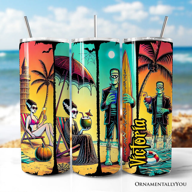 Frankenstein's Summer Beach Vacation 20oz Personalized Tumbler With Lid and Stainless Steel Straw, Retro Horror Neon Surf Gift Cup