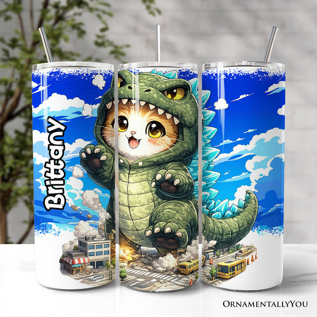 Kawaii Cat Kaiju City Destroyer 20oz Personalized Tumbler With Lid and Stainless Steel Straw, Japanese Anime Gift Cup