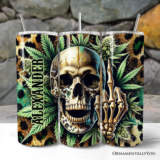 Leopard Skull Weed 20oz Personalized Tumbler With Lid and Stainless Steel Straw, Gothic Cannabis Gift Cup
