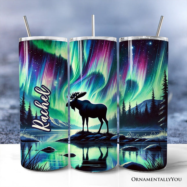 Majestic Moose Under Northern Lights 20oz Personalized Tumbler With Lid and Stainless Steel Straw, Enchanted Christmas Gift Cup
