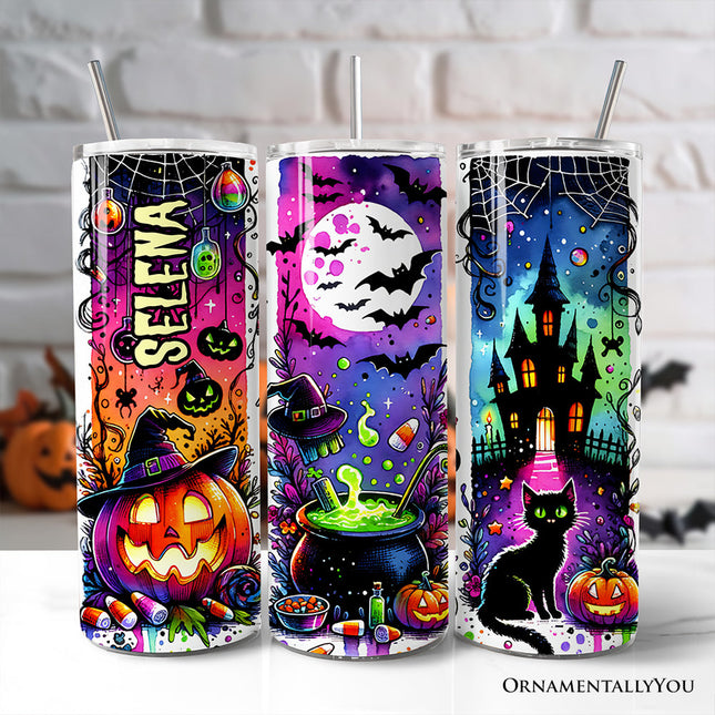 Neon Halloween Witch Scene 20oz Personalized Tumbler With Lid and Stainless Steel Straw, Colorful Spooky Gift Cup