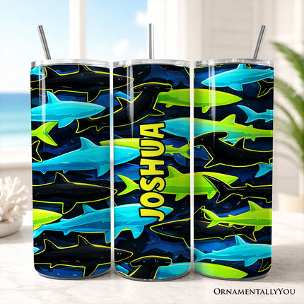 Neon Shark Camo 20oz Personalized Tumbler With Lid and Stainless Steel Straw, Marine Animal Pattern Gift Cup