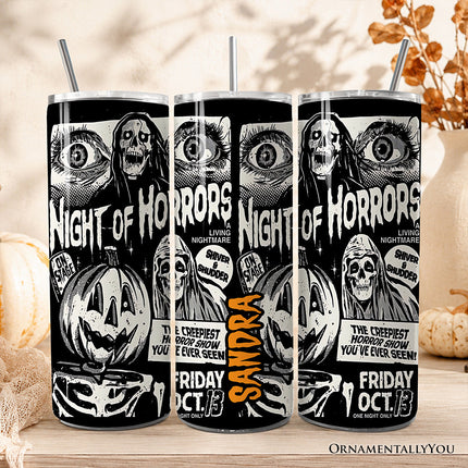 Night of Horrors Retro Halloween 20oz Personalized Tumbler With Lid and Stainless Steel Straw, Vintage Spooky Poster Gift Cup