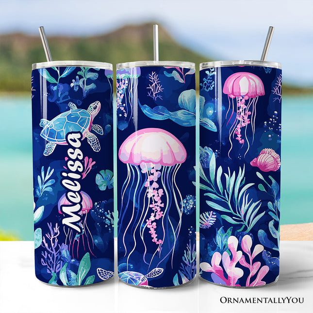 Ocean Jellyfish and Sea Turtle 20oz Personalized Tumbler With Lid and Stainless Steel Straw, Underwater Coral Reef Gift Cup