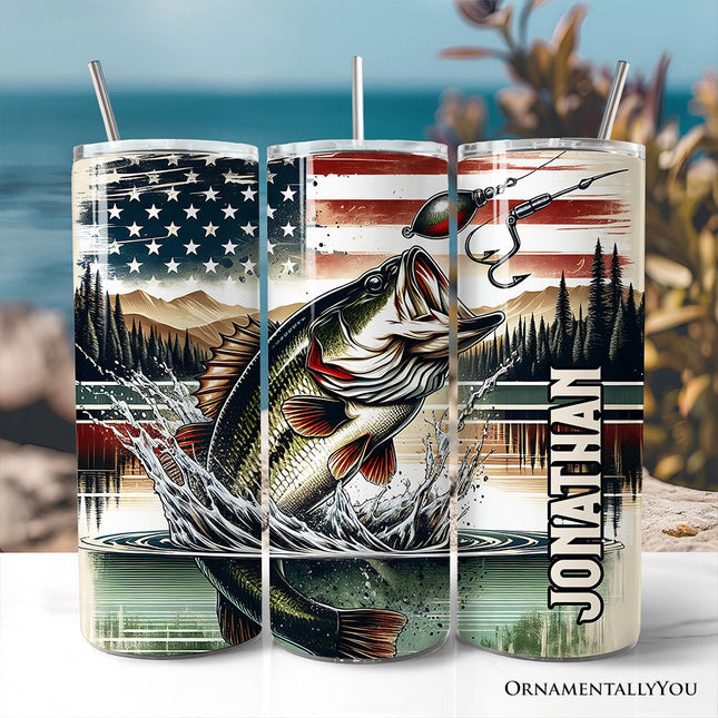 Patriotic Bass Fishing 20oz Personalized Tumbler With Lid and Stainless Steel Straw, Retro Angler Gift Cup