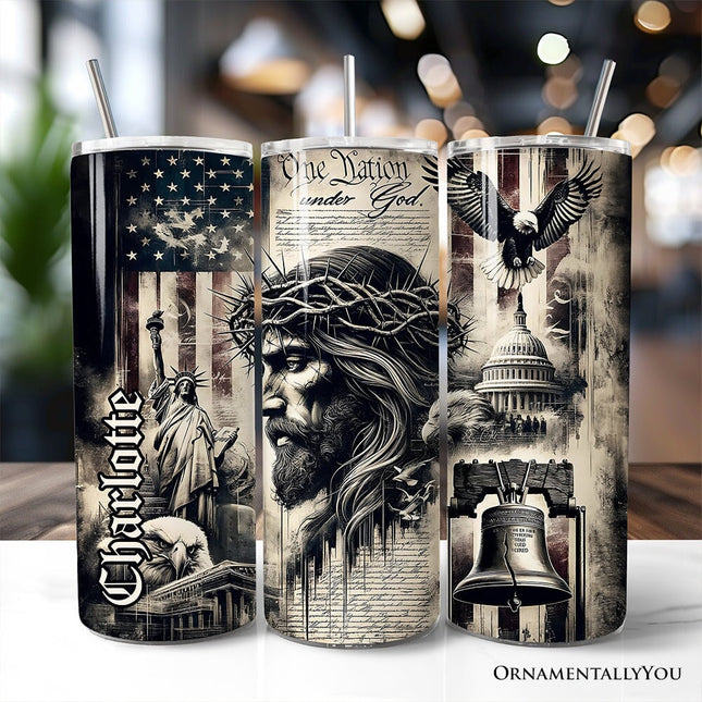 Patriotic Christian 20oz Personalized Tumbler With Lid and Stainless Steel Straw, One Nation Under God Gift Cup
