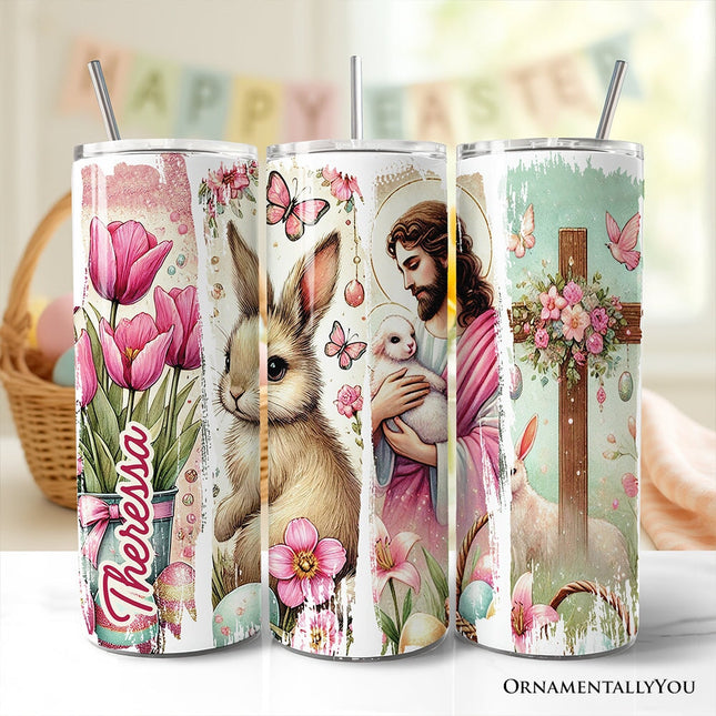 Pink Jesus and Bunny 20oz Personalized Tumbler With Lid and Stainless Steel Straw, Easter Brushstrokes Spring Gift Cup