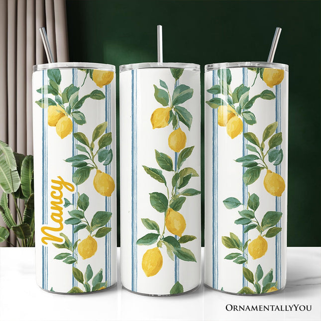 Refreshing Lemon Branches 20oz Personalized Tumbler With Lid and Stainless Steel Straw, Summer Citrus Pattern Gift Cup