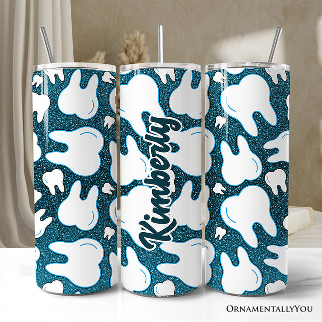 Sparkly Blue Tooth Pattern 20oz Personalized Tumbler With Lid and Stainless Steel Straw, Dental Hygienist Gift Cup