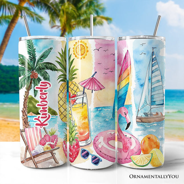 Summer Vibes 20oz Personalized Tumbler With Lid and Stainless Steel Straw, Brushstrokes Vacation Beach Gift Cup