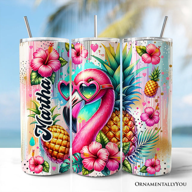 Tropical Flamingo Pineapple Hibiscus 20oz Personalized Tumbler With Lid and Stainless Steel Straw, Colorful Summer Bird Gift Cup