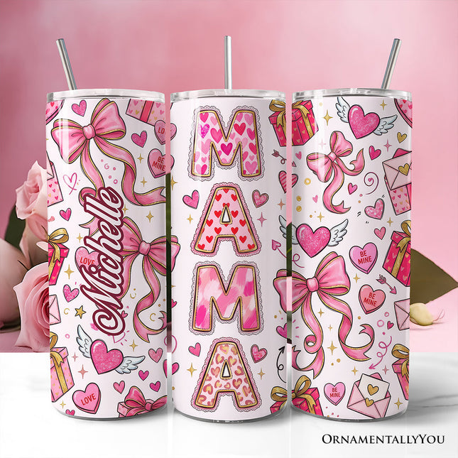 Valentine Mama Coquette Bow 20oz Personalized Tumbler With Lid and Stainless Steel Straw, Charming Pink Love Pattern Gift Cup