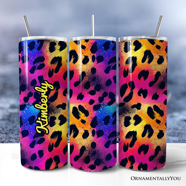 Vibrant Neon Leopard Print 20oz Personalized Tumbler With Lid and Stainless Steel Straw, Retro Rainbow Animal Pattern Gift Cup