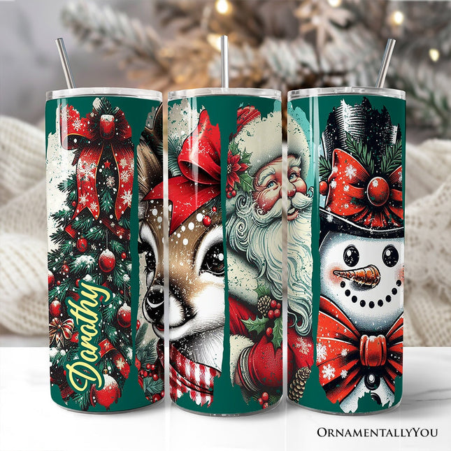 Vintage Tree, Reindeer, Santa and Snowman 20oz Personalized Tumbler With Lid and Stainless Steel Straw, Green Christmas Brushstrokes Gift Cup