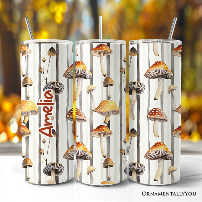 Vintage Woodland Mushroom Pattern 20oz Personalized Tumbler With Lid and Stainless Steel Straw, Forest Forager Nature Gift Cup