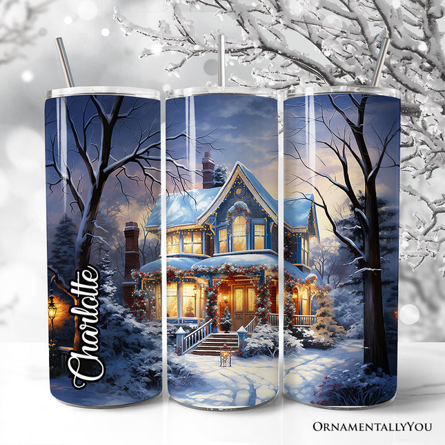 Watercolor Winter Christmas House Night Painting 20oz Personalized Tumbler With Lid and Stainless Steel Straw, Warm Holiday Lights Cottage Gift Cup