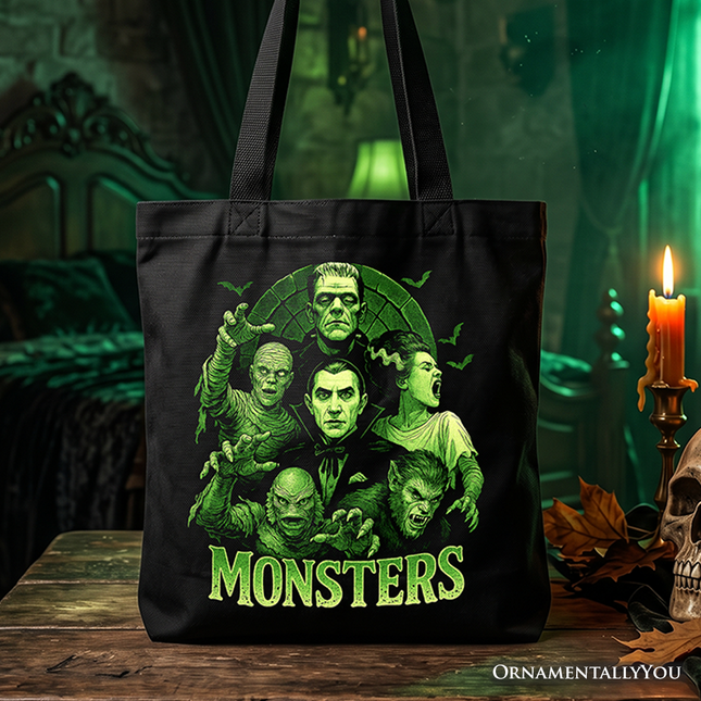 Green Retro Monsters Tote Bag, Vintage Classic Horror Halloween Gift Shopper