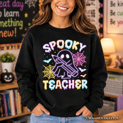 Spooky Teacher Neon Ghost Sweatshirt, Retro Halloween Sweater for Educators