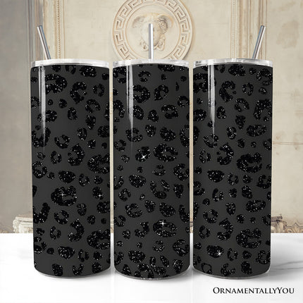 Black Glitter Leopard Print 20oz Personalized Tumbler With Lid and Stainless Steel Straw, Bold Animal Pattern Gift Cup
