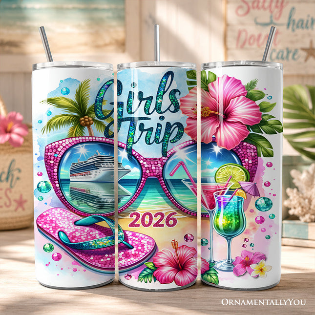 Cruise Girls Trip 2026 20oz Personalized Tumbler With Lid and Stainless Steel Straw, Vacation Tropical Gift Cup